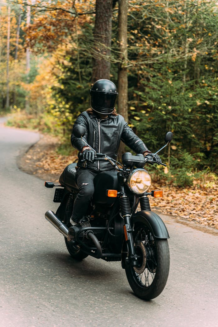 A biker in black gear rides a motorcycle through a scenic forest road during fall.